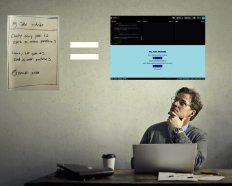 Imagen de un investigador en un su escritorio de oficina con computadora y café, visualizando una ecuación de una nota escrita en una hoja de papel igual a una página web en un editor de código
