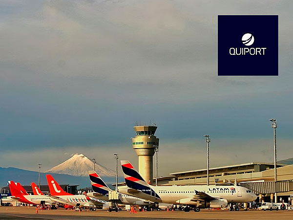 Servicios aeroportuarios de Corporación Quiport S.A. Imagen del aeropuerto de Quito. Incluye el logotipo de QUIPORT.